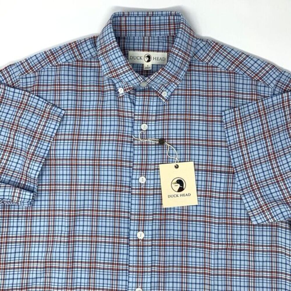 Duck Head Sky Blue Plaid Soft‎ Cotton Short Sleeve Button Up Men's Shirt Size Sm